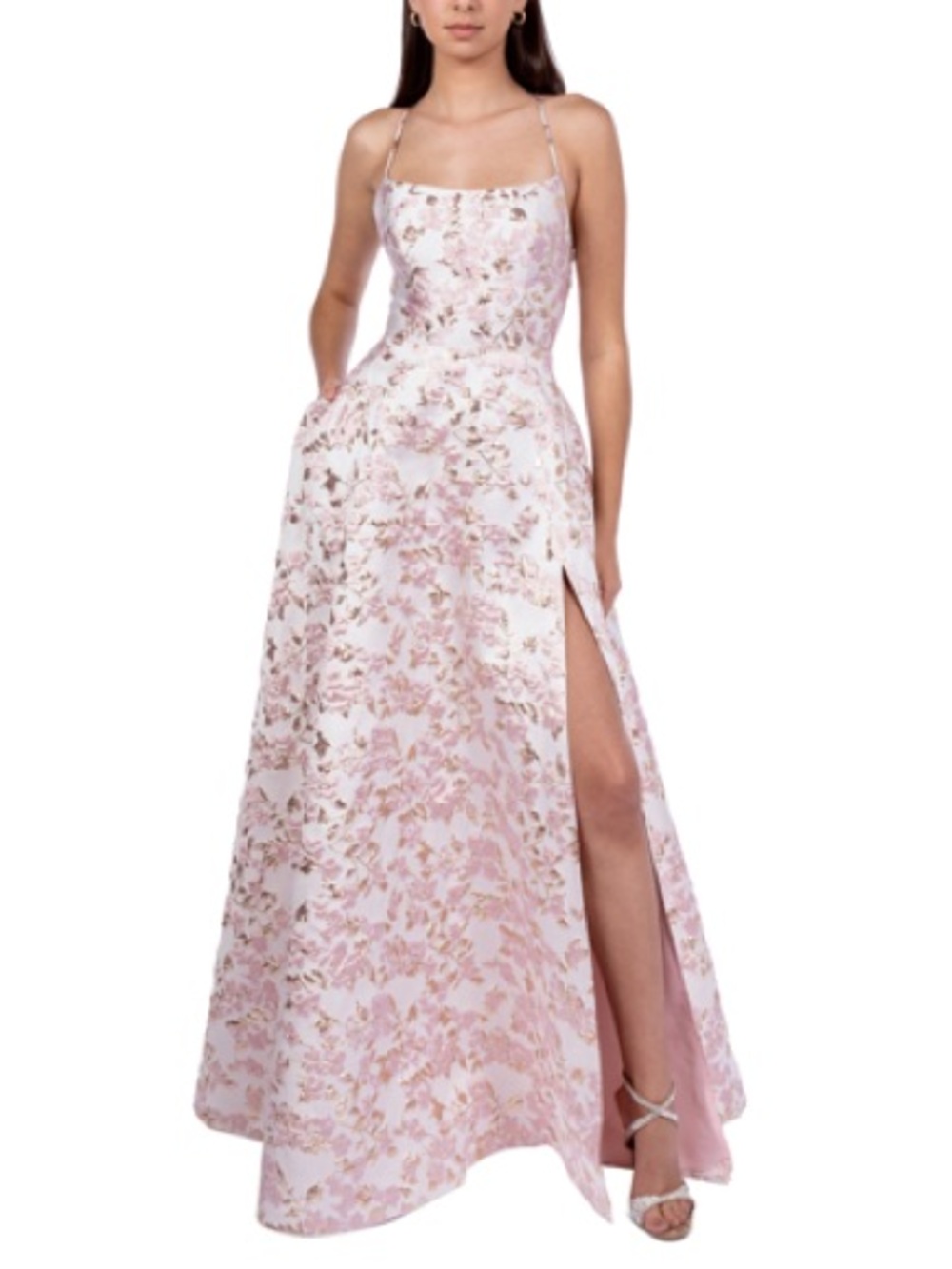 B Darlin Formal Dress 3/4 Pink Gold Floral Jacquard Lace Up Back Prom Gown